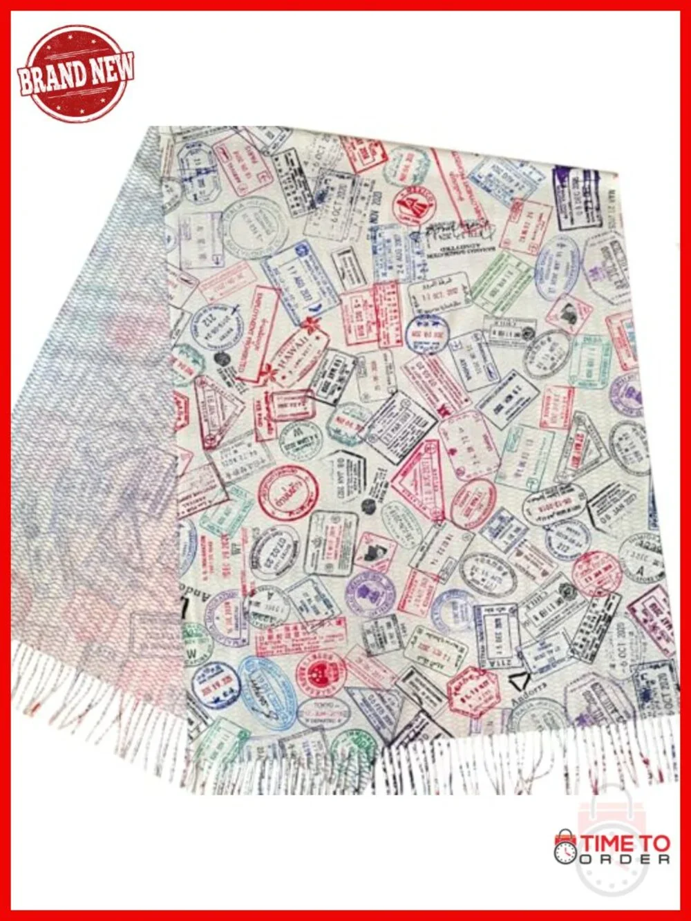 Acrylic Travel Scarf with Passport Stamp Print, Fashion Scarf 72x26 Inches
